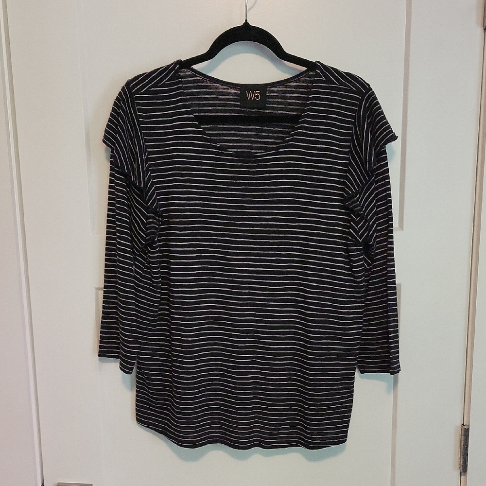 Anthropologie W5 Women's Black and White Striped Long Sleeve Top, Ruffles, XL